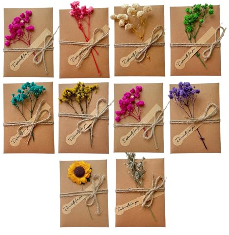 10 klassiska tomma kort med kuvert från pressade blommor, hantverkskort i kraftpapper (DIY, retrostil) (75 x 105 mm)