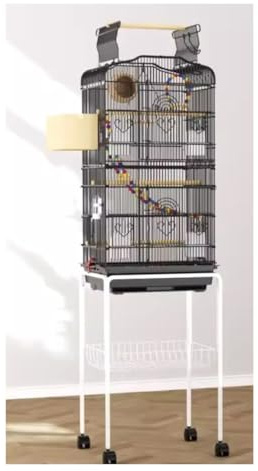 Voljär 36-tums Fågelbur Öppna Och Stäng Lek Abborrstativ Top Flight Bird Side Nest Doors Bur Med Avtagbart Rullställ Dekorativ Fågelbur(Black)