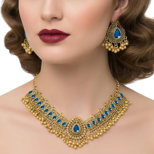 VLYX Bijoux Traditionnels Indiens pour Femmes, Ensemble Collier & Boucles d’oreilles Jhumka pour Mariages et Tenues de Fête (Bleu)