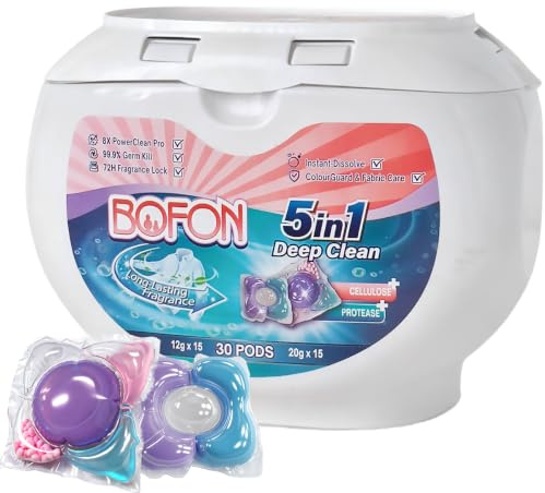 BOFON Detergente en cápsulas 5 en 1, fórmula de detergente con forma respetuosa con la piel, adecuado para pieles sensibles y bebés, 30 lavados (30 unidades (1 unidad)