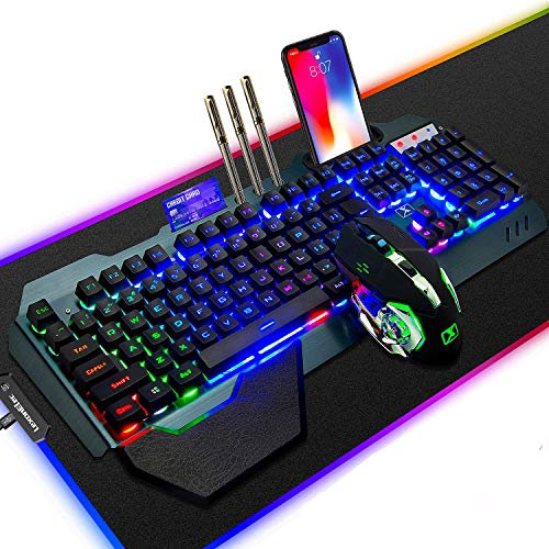 2.4 GHz Wireless Rechargeable Keyboard Mouse Combo Set 3800mAh Long Battery Life Unifying USB-Receiver Rainbow Backlit Gamer Keyboard 2400DPI 7 Colors Breathing Optical Mouse Mice Compatible with Pc