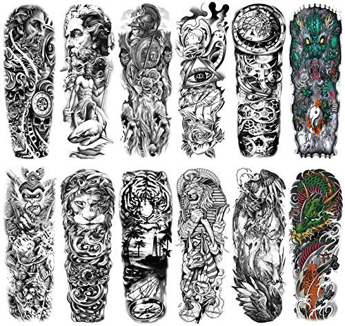 HOWAF 12 große Blätter, voller Arm, temporäre Tattoos, wasserdicht, schwarz, wasserdicht, voller Arm, Löwe, Tiger, Tattoo-Aufkleber für Erwachsene Männer und Frauen