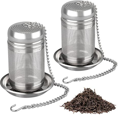 HONZUEN Infusore Tè Acciaio Inox 2 Pezzi, Filtro Riutilizzabile a Maglia Fine con Coperchio Catena e Vassoio, Colino da Tè per Tazza e Brocca, Accessorio per Tisane Erbe Spezie