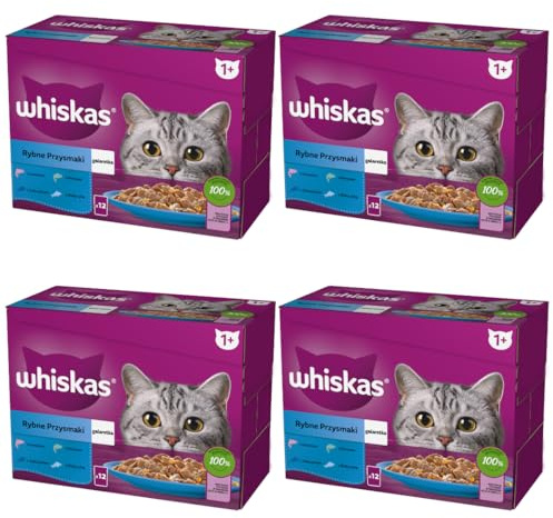 WHISKAS Aliment humide en gelée Chat adulte 12x85g Les Poissons Favoris (Lot de 4) 48 Sachets