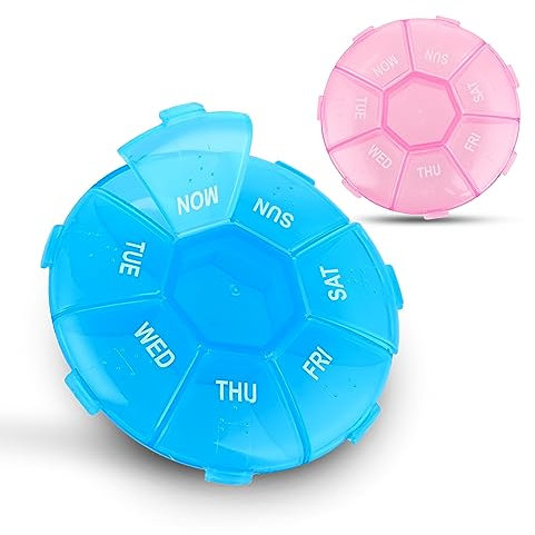 TIESOME Tragbar Tablettenbox,2 Stück Pillendose 7 Tage Medikamentenbox Wochen Tablettendose Kleine eicht Zu Öffnen für Unterwegs für Unterwegs Rund Reise Tabletten Boxen Tablettensortierer (rosa+blau)