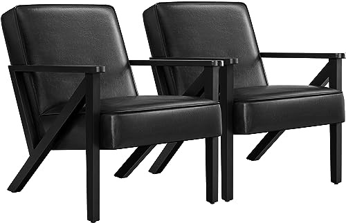 Yaheetech Set med 2 TV-fåtöljer fritid, relaxfåtölj, konstläder, loungefåtölj, ryggstol, stoppad fåtölj, enkelsoffa med ben av massivt trämaterial för balkong/vardagsrum/sovrum/reception, svart