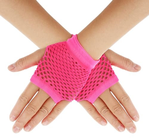Lusofie Fingerlose Netzhandschuhe Neon Rosenrot für Damen 80er 90er Jahre Fishnet Modische Fischnetz Handschuhe für Halloween Cosplay Zubehör Netzhandschuhe Stulpen Pink Neon Party Accessoires