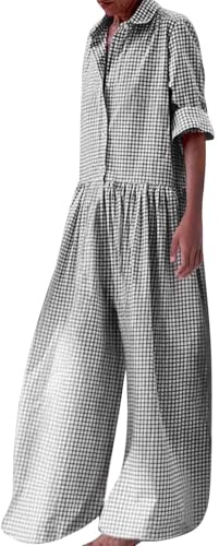 Dam ledig lös pläd overaller långärmad knapp upp krage veckad bred ben långa byxor overaller byxdress dressy kort, Grå, M