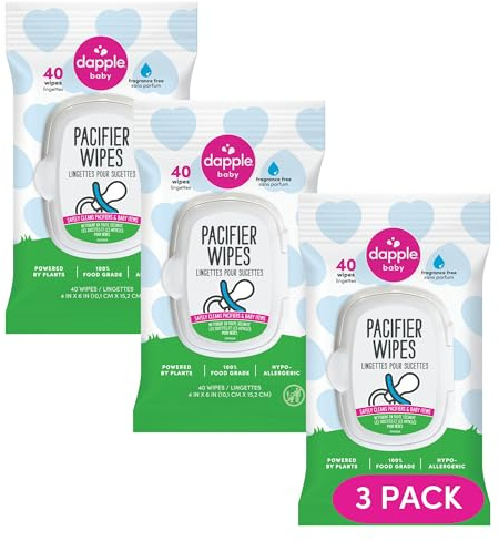 Dapple Pacifier Wipes, for Baby and Toddlers, Diaper Bag Essentials, Fragrance Free 40 Ct, Pack of 3