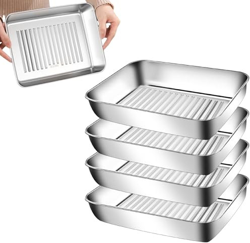 Bordeag - Juego de 4 bandejas de cocción (acero inoxidable, 25 x 20 x 5,5 cm), diseño de cuencos planos rectangulares, juego de recipientes de acero inoxidable, platos para empanar, recipiente para