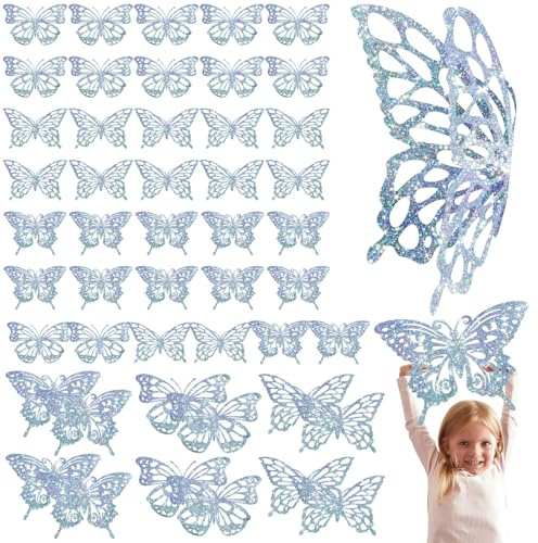 Yeaqee 24 Pcs Large Butterfly Party Decoration 3D Butterflies Wall Decor Set 2 Sizes 3 Styles Large Stickers for Birthday Baby Shower Nursery Bedroom Wedding Decor Cutouts (Glitter Silver)