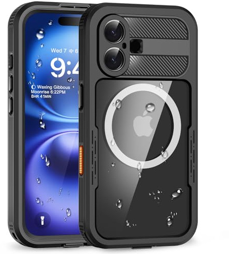 WIFORT för iPhone 16 skal vattentät, mobiltelefonskal för iPhone 16 360 graders komplett skydd[Kompatibel med magsafe][IP68 vattentät] stötsäkert utomhus hårt fodral med kameraskydd, svart