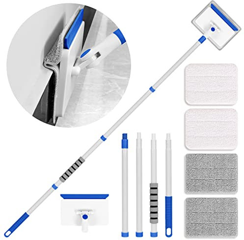 WYEIGIKS skirting Board Cleaner Tool with Extendable Handle, 360° Rotatable Long Duster for Ceilings & Walls, 57.8 Cobweb Brush & Duster on a Stick, Includes 4 Reusable Microfiber & Chenille Pads