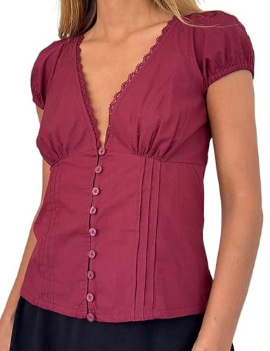 Cusghjbsg Women Y2K Ruffle Top Casual Solid Color V Neck Cap Sleeve Button Down Slim Fit Frill Shirts Summer Fairy Grunge Babydoll Blouse (Rose Red D, S)