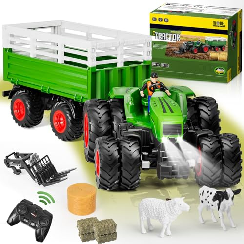 Orvyna RC Ferngesteuerter Traktor Spielzeug ab 2 Jahre mit Anhänger, 2.4 GHz Kinder Traktor Fernbedienung Spielzeug mit Hubgabel, Licht, Kuh, Schaf und Heuballen, Geschenk für Kinder ab 3-8 Jahre