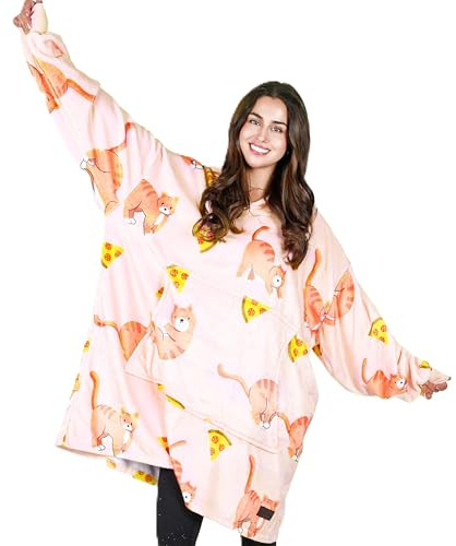 Catalonia Classy Oversize Hoodie Decke mit Ärmeln, Warm Kuscheldecke Geschenk für Frauen Herren, Übergröße Kuschelpullover mit Kapuze Flauschig Decke zum Anziehen, Pizza Katze