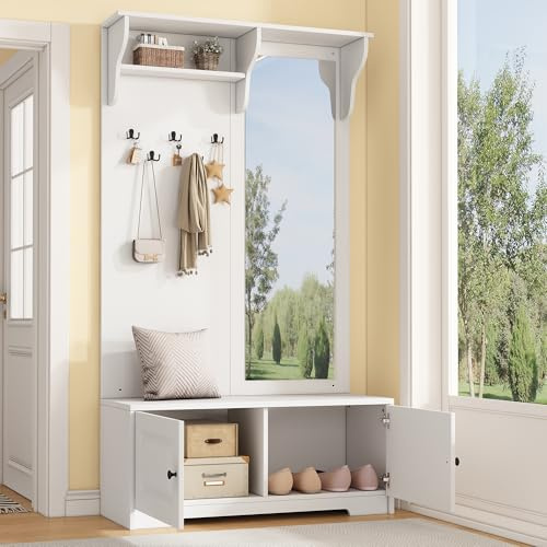 YuQozii 100 x 40 x 180 cm appendiabiti con specchio, 5 ganci per vestiti, 2 armadi e scaffali, appendiabiti con scarpiera, corridoio, guardaroba compatto, bianco
