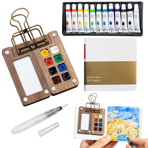 PORUPAEL Portable Watercolor Palette, Pocket Artist Watercolour Travel Set, 8 Grids Wooden Travel Paint Palette with Metal Clip and 12 Colour Watercolour, Sketchbook, Paint