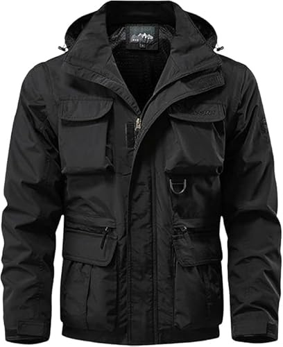 Giacca militare da uomo, giacca tattica con cappuccio, multi-tasca, impermeabile, giacca da campo in stile militare, autunno inverno, Nero , L