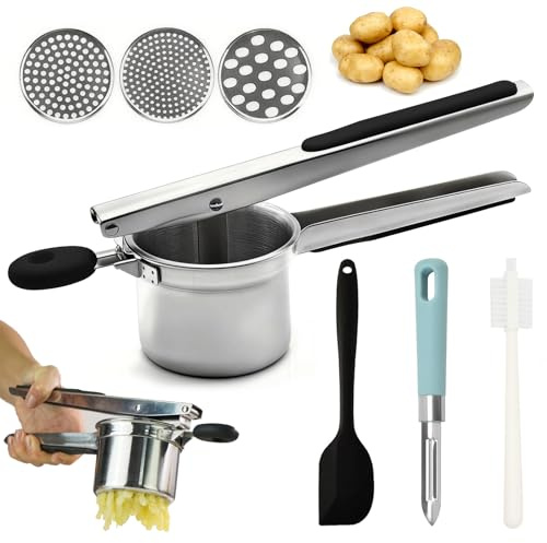 FuYelng Prensa Patatas o Spätzles Acero Inoxidable con 3 Discos, Machacador de Patatas con Mango de Silicona Antideslizante Prensa Spaetzle Multifunción, para Frutas Verduras Comida para Bebés