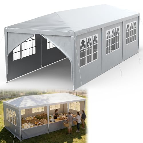 YRHome Paviljong 3 x 9 m festtält stabilt vattentätt vintersäkert UV-skydd trädgårdspaviljong festtält campingtält med sidodelar och fönster för trädgård och camping grå