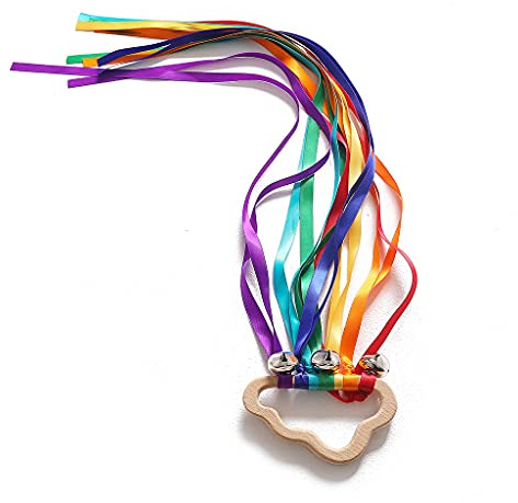 Wooden Sensory Rattle Toys, Sensory Balls, Rainbow, Rainbow Ribbons Rattle Toy, Colourful Ribbon Cloud Rings Play with Bells, Boy, Girl