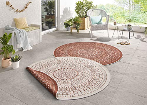 NORTHRUGS Porto - Tapis d'intérieur et d'extérieur Rond - Tapis Rond réversible - Design Mandala - Tissé Plat - Résistant aux intempéries - pour Balcon, terrasse, Jardin, Salon - Crème - Diamètre :