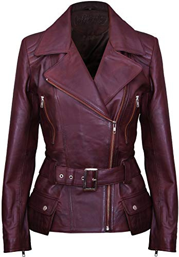 Femmes Conker Marron Longue Femmes Cuir Veste Motard 10