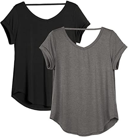 icyzone Yoga T-Shirts for Women Open Back - Workout Tops Short Sleeves Shirts Loose fit, 2 Pack (M, Black/Charcoal)