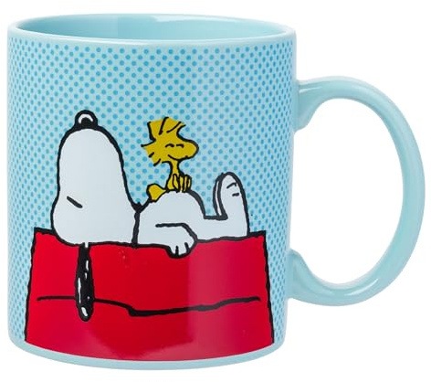 Silver Buffalo Peanuts Snoopy and Woodstock on House Blue Dot Background Ceramic Coffee Mug, 20 Ounces