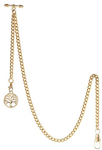 TREEWETO Men's Albert Chain Pocket Watch Curb Link Key Chain 2 Hooks with Antique Gold Life Tree Pendant Design Charm Fob T Bar