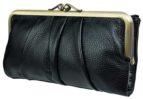 EASTNIGHTS Geldbörse aus weichem Leder für Damen, kompakt, zweifach gefaltet, RFID-Clutch, Geldbörse, Damen, Münzgeldbörse mit Reißverschluss und Kissschloss, Schwarz, L, Vintage