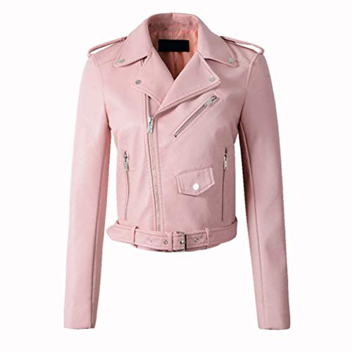 LucaSng Chaqueta de Cuero PU para Mujer, Mujer Invierno Retro Cremallera Bombardero Chaquetas Corta Deportiva Cuero PU Biker Cazadoras Imitacion Piel Moto Abrigos (Rosado, XL)