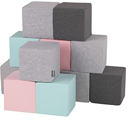 KiddyMoon Blocs De Construction 12 Pièces en Mousse pour Bébé Jouet Éducatif Housse en Coton, Cubes: Gris Clair/Gris Foncé/Rose/Menthe