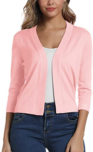 Dam 3/4 ärm öppen front bolero kofta Shrug solid kofta topp, ROSA, S