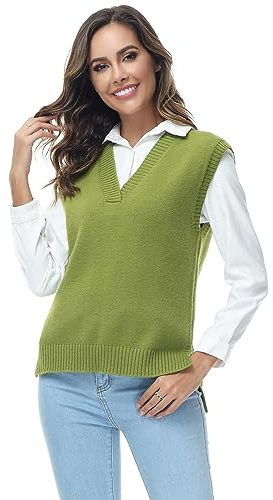MODFUL Women Knitted Vest Sleeveless V-Neck Sweater Chunky Classic Jumper Pullover (Green, M)