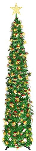 Pop Up Christmas Tree, 150cm/5ft Collapsible Artificial Tinsel Xmas Tree with LED Light/Star Dome Light for Xmas Home Party Indoor Outdoor Decor (Green)