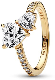 Pandora Timeless Bague scintillante Cœur Double en métal plaqué or 14 carats avec zircones cubiques transparentes, taille 52