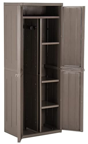 Keketa Gartenschrank Spindschrank Multifunktionsschrank mit Besenhalter und 4 Ablagen Terrassenschrank Balkonschrank für innen und außen Braun 65x45x172 cm Rattan-Optik
