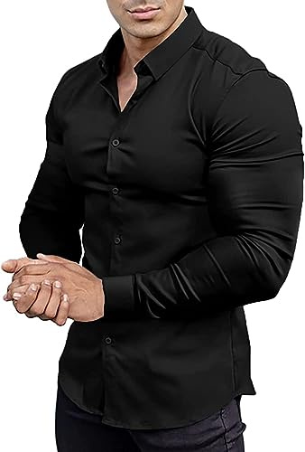 EOUOSS, Camisas de Vestir para Hombre de Ajuste atlético, Corte Estrecho, Manga Larga, elástica, Estilo Informal, con Botones, Negro -, Large
