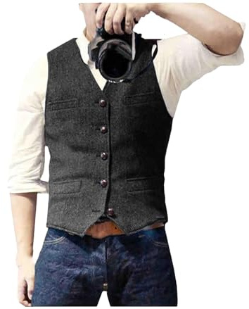 Kiioouu - Chaleco clásico informal para hombre, con cuello en V, patrón en espiga, ajustado, para negocios, para boda, Negro, XXL