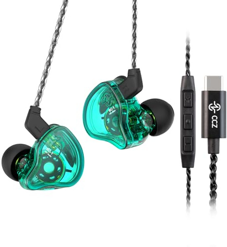 Yinyoo Auriculares in Ear Gaming IEM de CCZ Melody USB C In-Ear-Monitor, de Graves Profundos Deep Bass HiFi con Cable Desmontable de 2 Pin 4N OFC para Audiófilo/MP3/MP4/PC(Verde, con micrófono USB C)