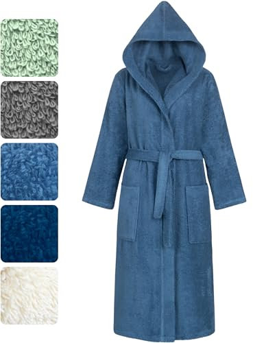 Morgenstern Bademantel Damen mit Kapuze 100% Baumwolle Frottee OEKO-TEX® Morgenmantel Marina Jeans-Blau Gr. L