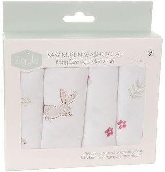 Ziggle Baby Wash Cloths 25x25 cm, 4 Muslin Cotton Reusable Face & Body Towels | Ultra-Soft Baby Wipes for Bathtime & Skincare – Newborn Essentials Gift Set