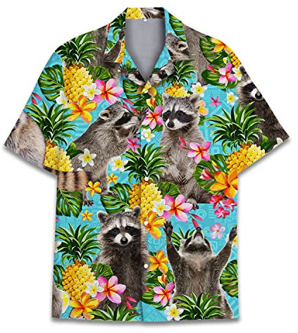 fifbird Funny Horse Chemise hawaïenne à manches courtes pour homme et femme, coupe décontractée, boutonnée, taille XL, Ananas Raton laveur, L