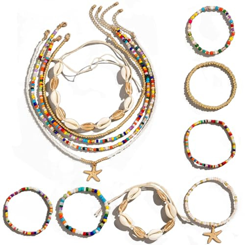 Set de Collier Coquillage et 12 Bracelets Naturels, Bijoux de Perle avec Clavicule Réglable pour Femmes et Filles