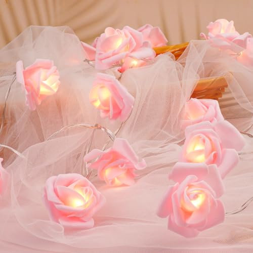 OSDUE Rose Fairy String Lights, 20 PCS LED Rose Fairy Light Battery Powered Bedroom Lights for Valentine's Day Wedding Outdoor Girls Bedroom Mother's Day Birthday Party Decorations, Pink