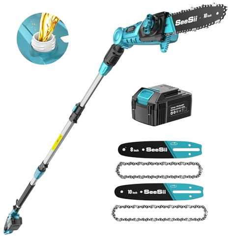 Seesii 8&10-Inch Electric Pole Saw: 15ft Long Reach Coldless Chainsaw with Telescopic Pole, 4Ah Battery, Auto-Oiling, Tool-Free Adjustment, Pruning Saw for Wood Cutting and Tree Trimming