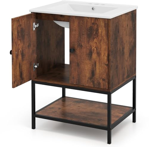 GIANTEX Mobile lavabo con lavello in ceramica, armadietto da bagno con 2 ante e ripiano, 61 x 46,5 x 87 cm, mobiletto per bagno