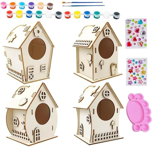 Bird House Kit de construction pour oiseaux | Maisons d'oiseaux en bois à peindre, artisanat décoratif en bois inachevé avec corde et colle pour l'extérieur, l'extérieur, le jardin, le jardin en plein